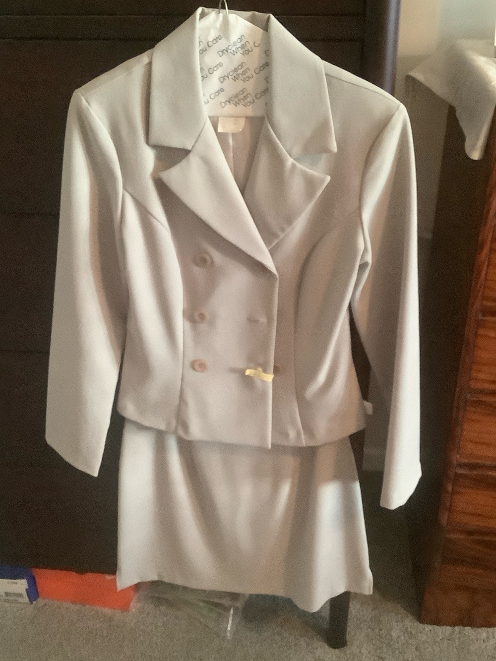 City Triangles Pale Gray Double-Breasted Skirt Suit